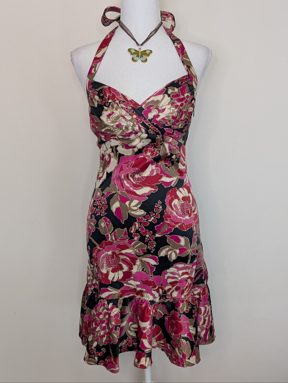 Guess Floral Halter Mini Dress in Pink, Black and Cream